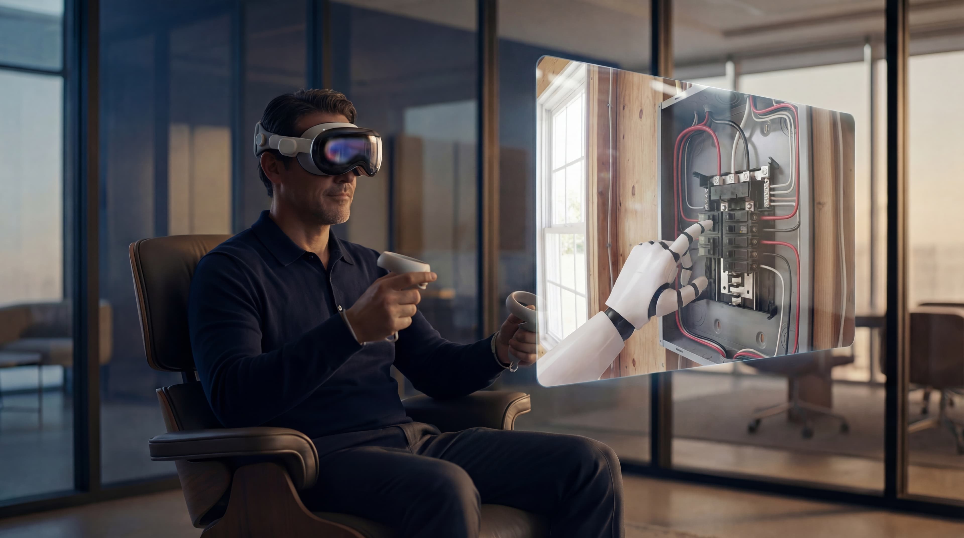 RoboPilot operator wearing Vision Pro headset, controlling a robot working on electrical systems