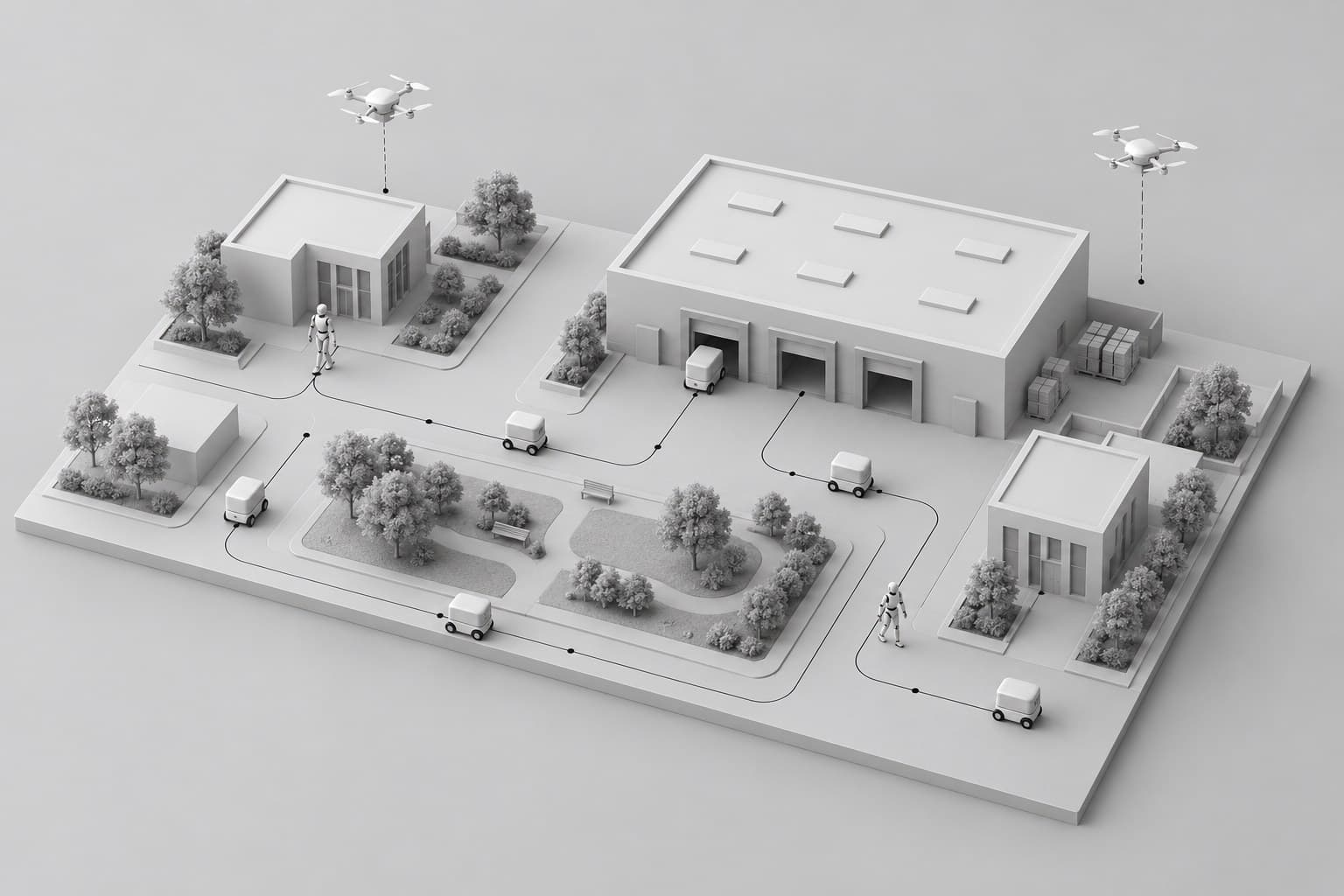 A model of a site with delivery robots, drones and humanoids moving along their routes