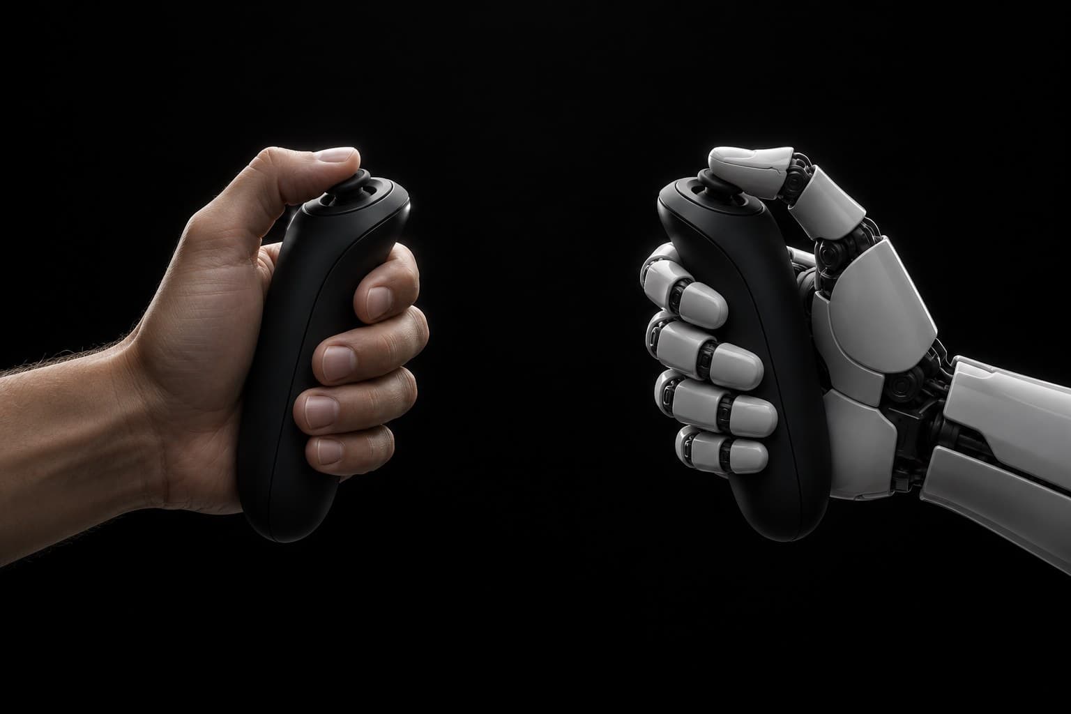 A human hand on a controller and a robot hand mirroring the same grip
