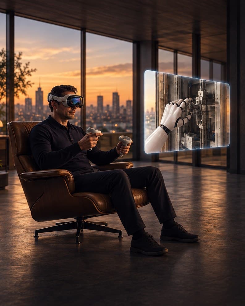 A RoboPilot operator in a mixed-reality headset remotely guiding a robot's hand