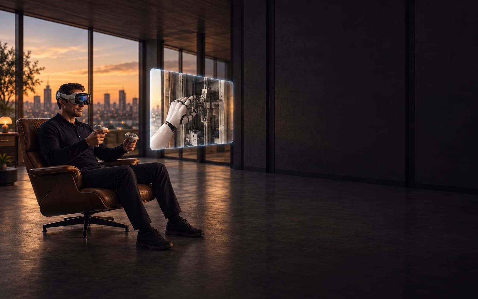 A RoboPilot operator in a mixed-reality headset remotely guiding a robot's hand